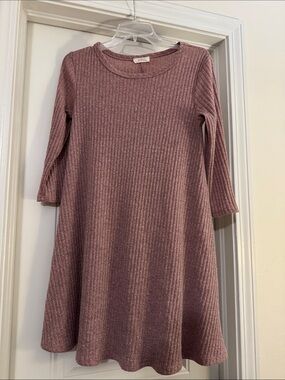 Girls' Ribbed Long Sleeve Dress in Dusty Rose